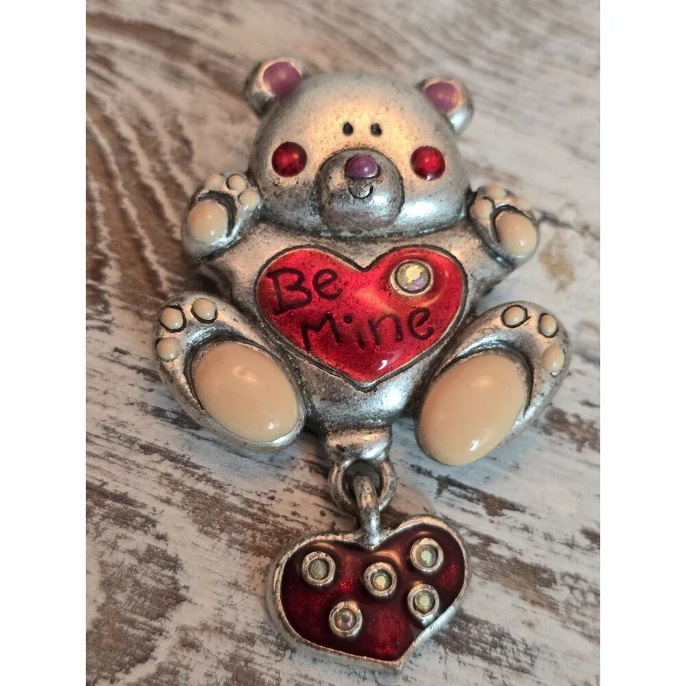 Vintage AJMO Teddy Bear Brooch Be Mine Articulated Dangle Heart Mothers Day Gift